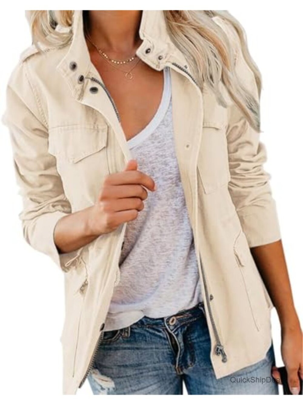 Lightweight Cotton Twill Utility Anorak Jacket with Snap Buttons and Drawstring